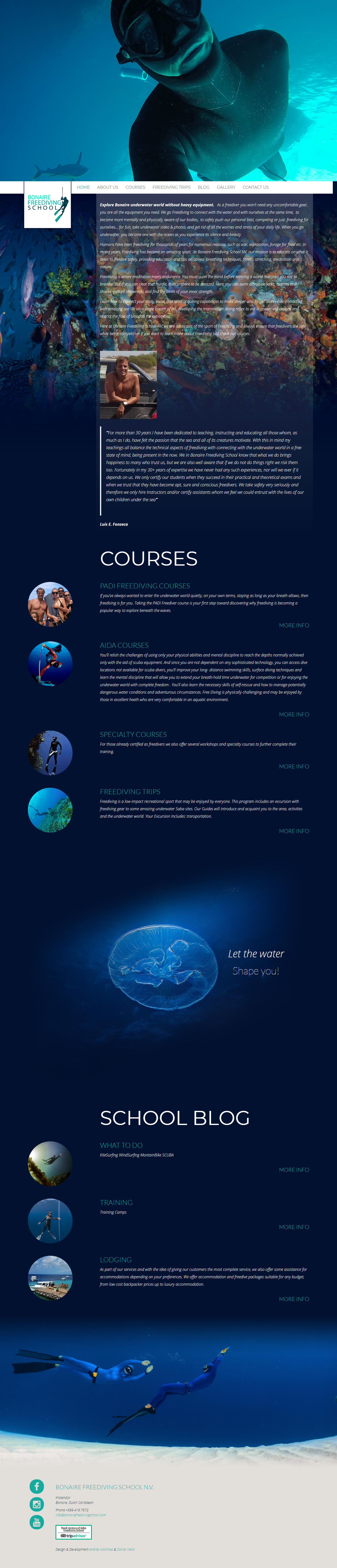 Bonaire Freediving School | Freediving school, originally located in Saba, and after the hurricane with new headquarters in Bonaire. Responsive website developed for WordPress with bootstrap and infinite scroll.