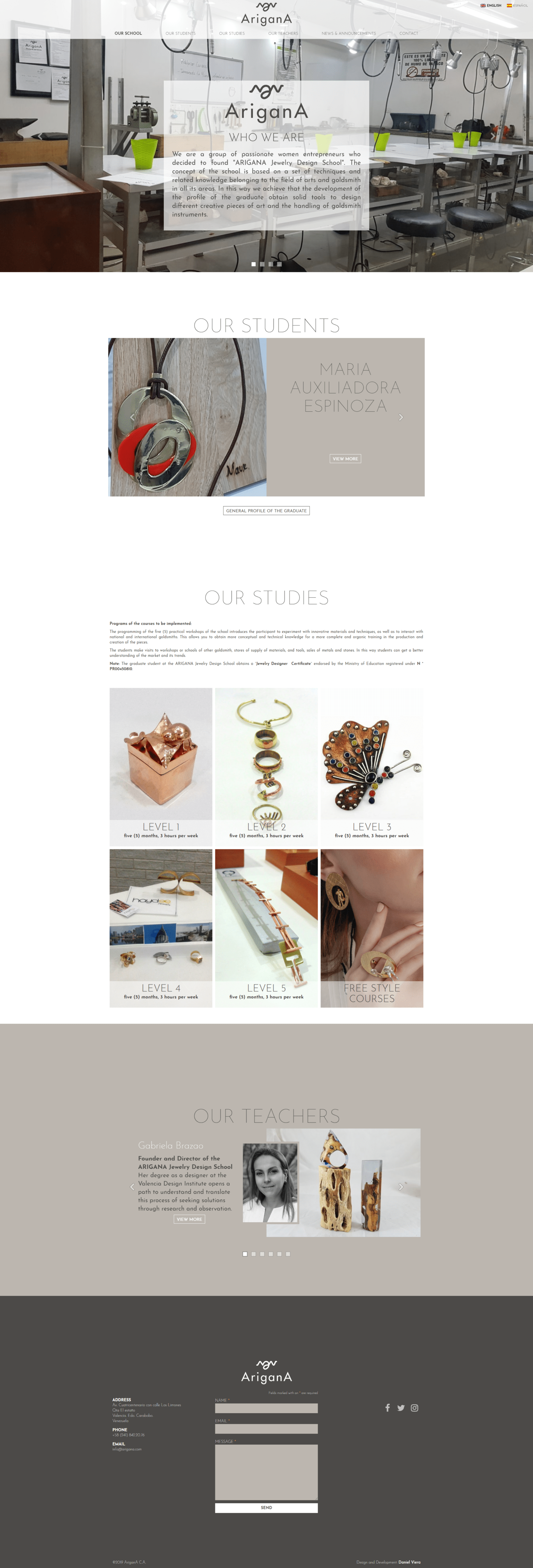 Arigana | ARIGANA is jewelry design school. Site with infinite scroll developed for WordPress, in two languages, bootstrap and sass.