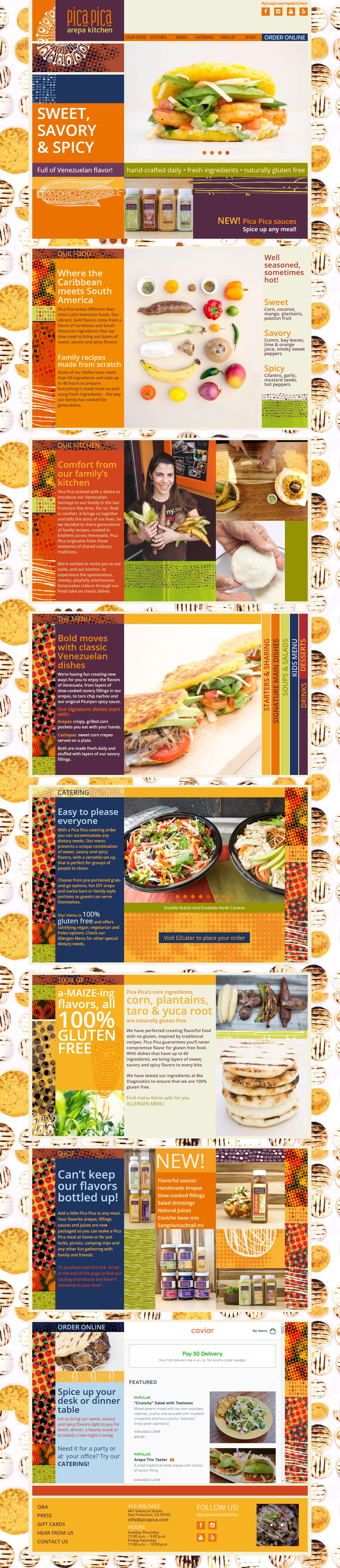 Pica Pica | Venezuelan food's website developed for Wordpress. 2019 update to a single infinite scroll page, responsive with bootstrap and sass