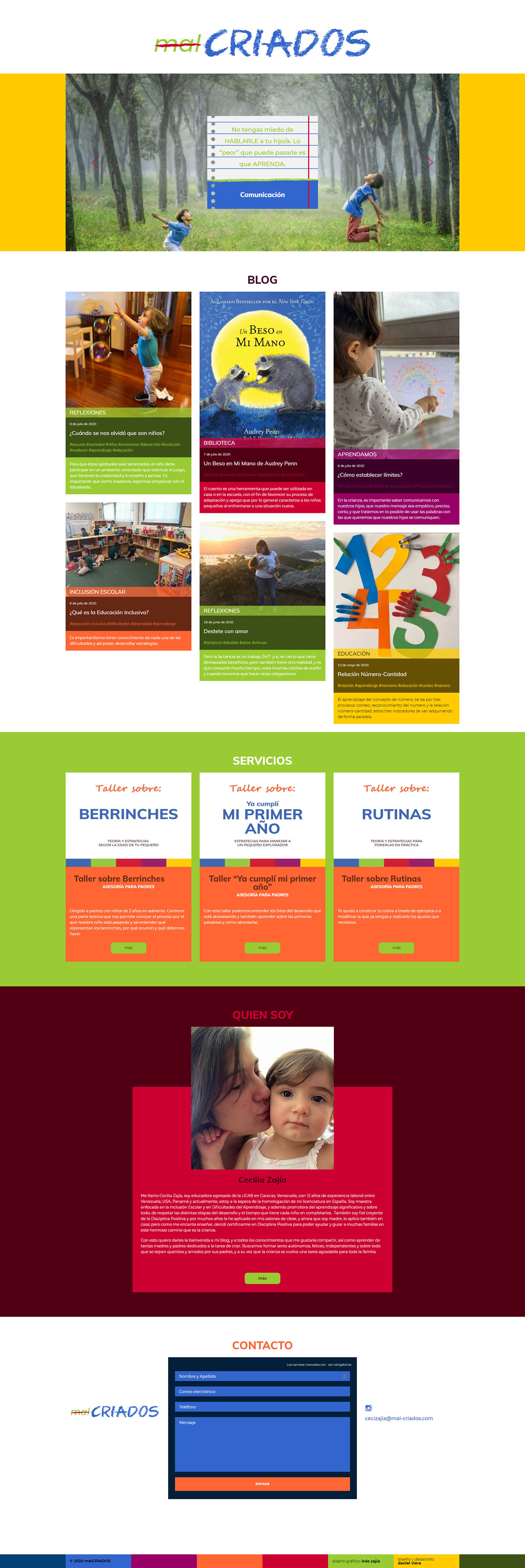 malCRIADOS | New website for a teacher specialist in positive discipline and inclusive education. Developed in WordPress with bootstrap 4 and sass. Responsive, with infinite scroll and mansory.