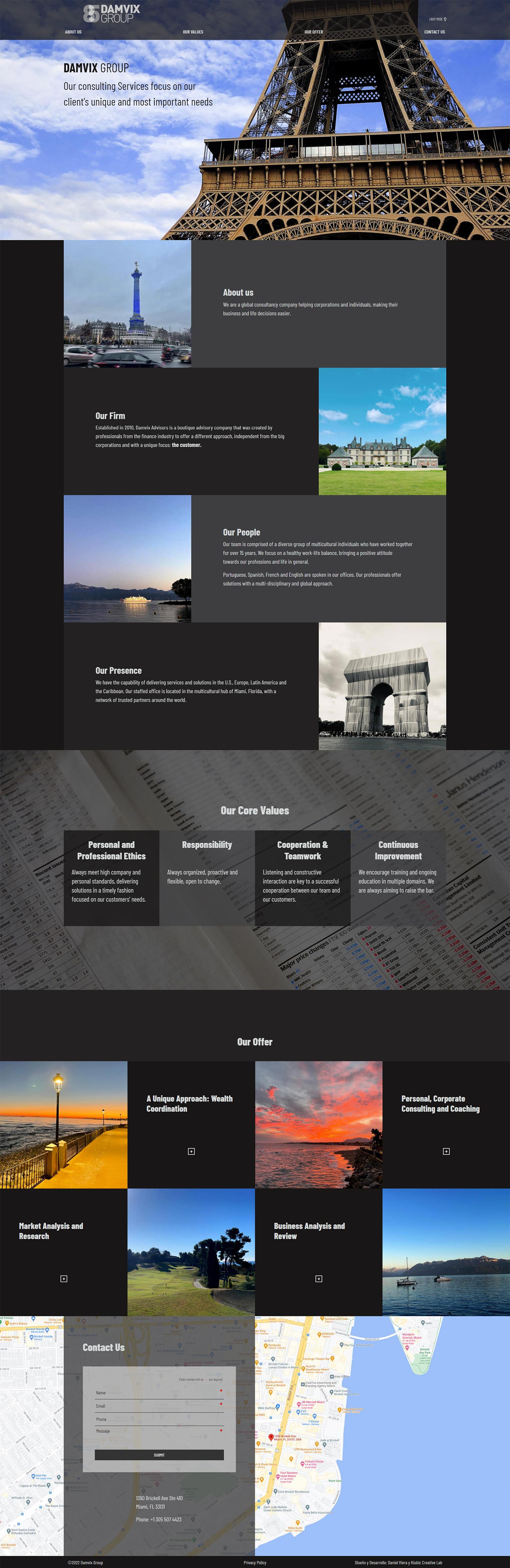 Damvix Group | Consulting Finantial Services firm web page. One infinite scroll page.  Site developed with WordPress, bootstrap 4 and sass.